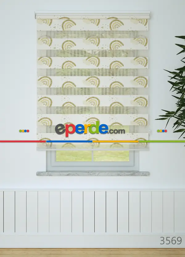 Bebek Odası - Kahve Sarı Gökkuşağı Desenli Baskılı Zebra Perde