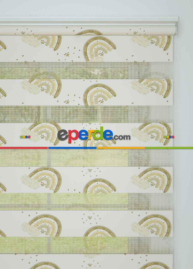Çocuk Odası - Kahve Sarı Gökkuşağı Desenli Baskılı Zebra Perde