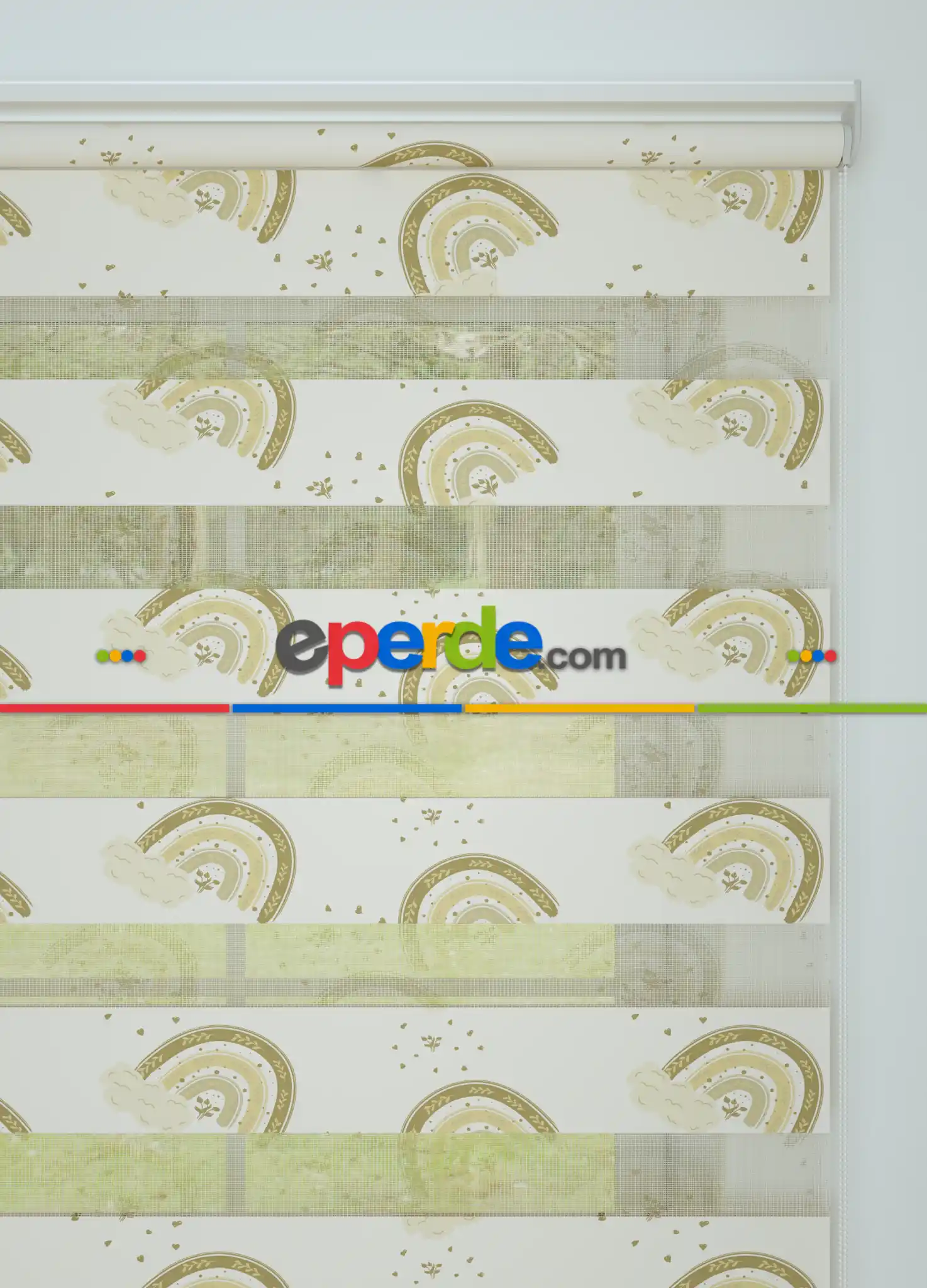 Bebek Odası - Kahve Sarı Gökkuşağı Desenli Baskılı Zebra Perde