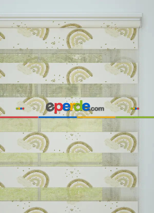 Bebek Odası - Kahve Sarı Gökkuşağı Desenli Baskılı Zebra Perde