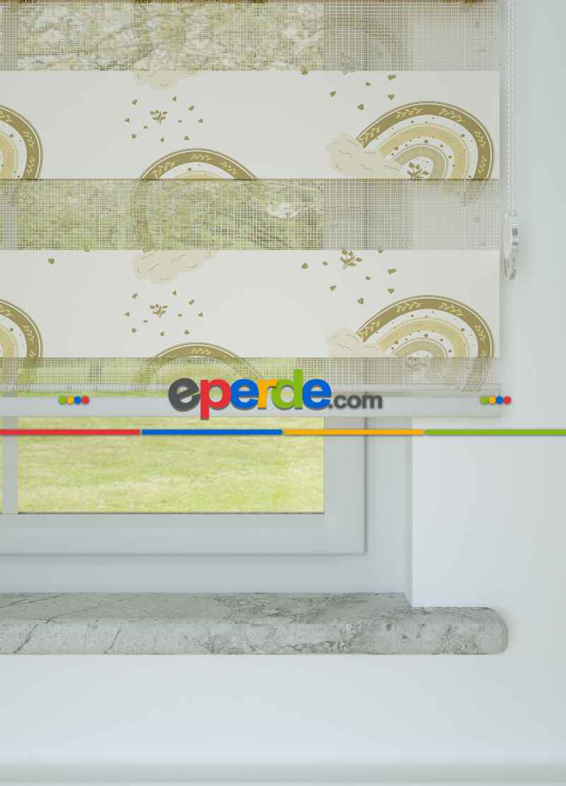 Çocuk Odası - Kahve Sarı Gökkuşağı Desenli Baskılı Zebra Perde