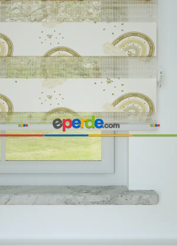 Bebek Odası - Kahve Sarı Gökkuşağı Desenli Baskılı Zebra Perde