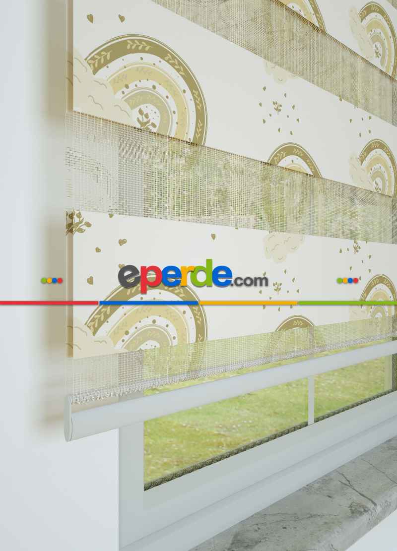 Çocuk Odası - Kahve Sarı Gökkuşağı Desenli Baskılı Zebra Perde