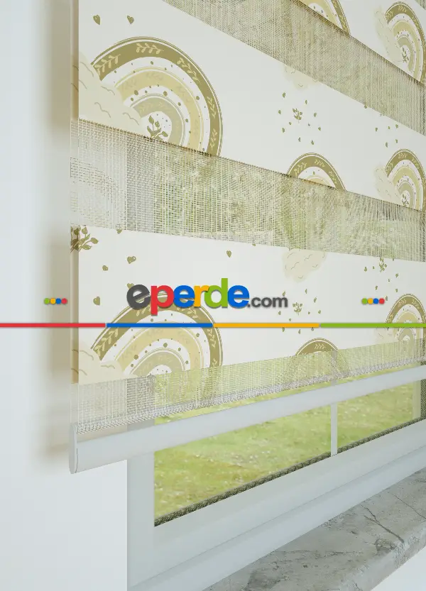 Bebek Odası - Kahve Sarı Gökkuşağı Desenli Baskılı Zebra Perde