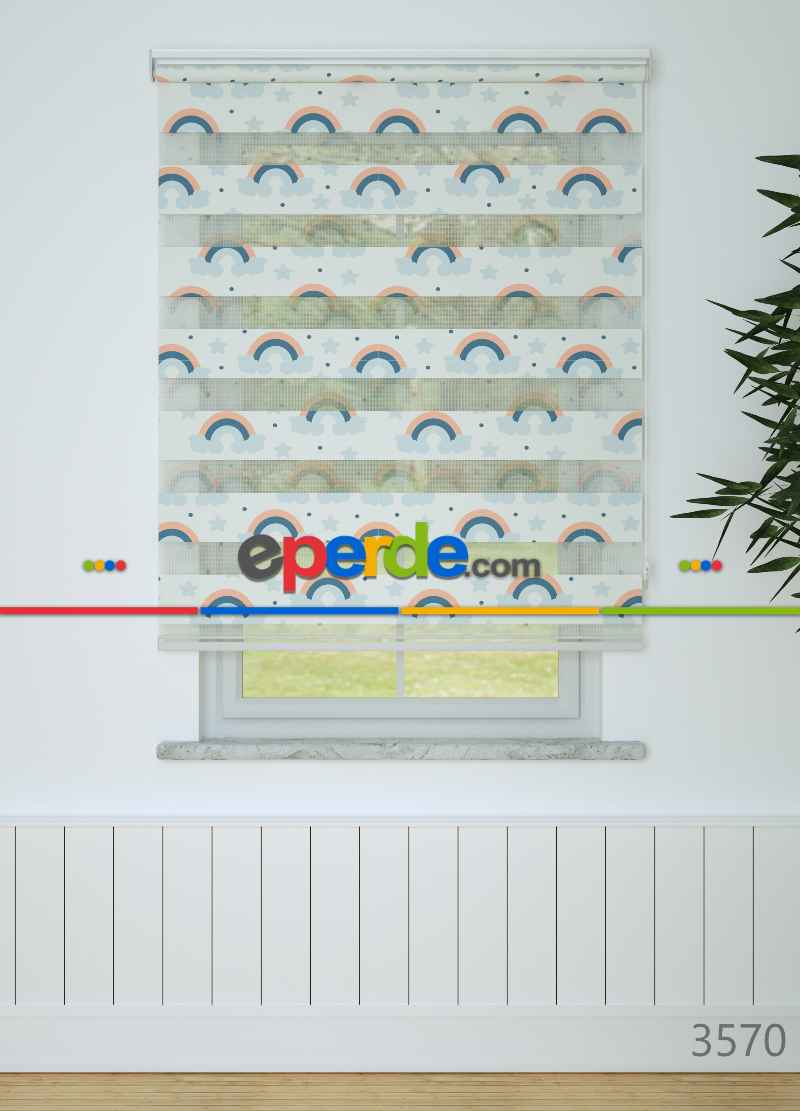 Bebek Odası - Mavi Somon Gökkuşağı Ve Bulut Desenli Baskılı Zebra Perde