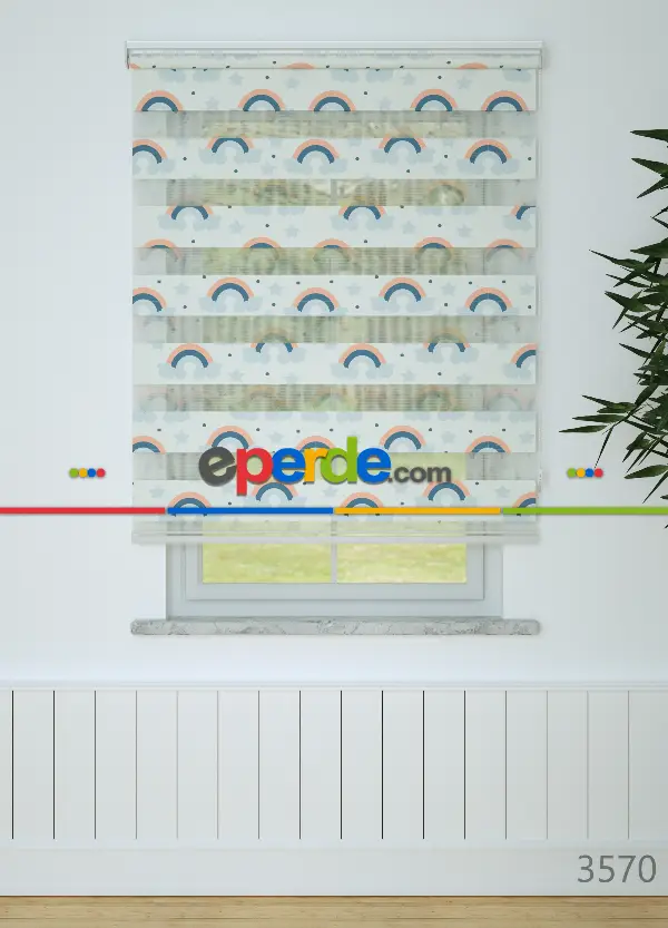 Bebek Odası - Mavi Somon Gökkuşağı Ve Bulut Desenli Baskılı Zebra Perde