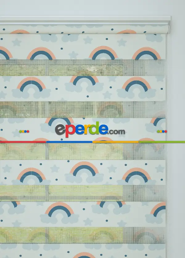 Bebek Odası - Mavi Somon Gökkuşağı Ve Bulut Desenli Baskılı Zebra Perde