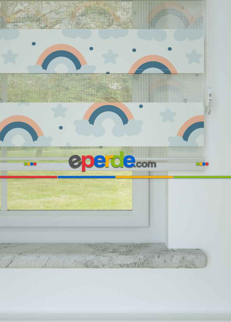 Bebek Odası - Mavi Somon Gökkuşağı Ve Bulut Desenli Baskılı Zebra Perde