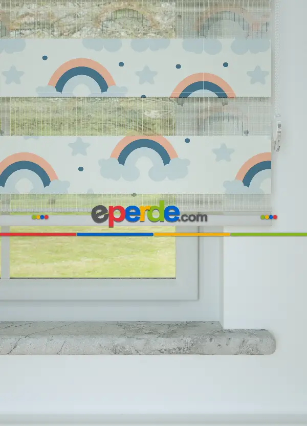 Bebek Odası - Mavi Somon Gökkuşağı Ve Bulut Desenli Baskılı Zebra Perde