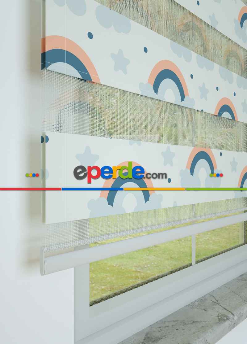 Bebek Odası - Mavi Somon Gökkuşağı Ve Bulut Desenli Baskılı Zebra Perde