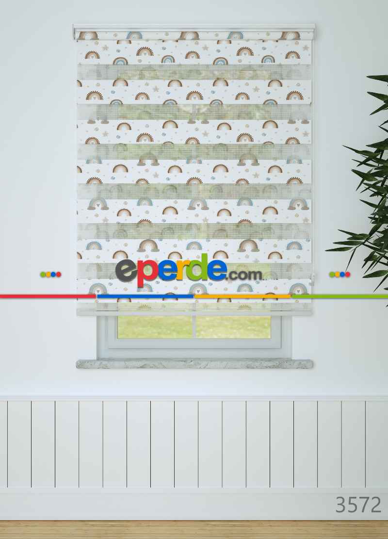 Bebek Odası - Kahverengi Mavi Gökkuşağı Desenli Baskılı Zebra Perde