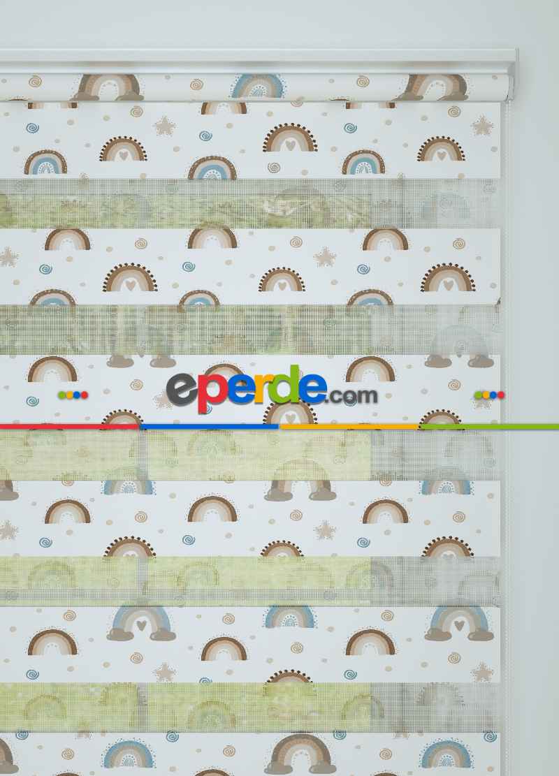 Bebek Odası - Kahverengi Mavi Gökkuşağı Desenli Baskılı Zebra Perde