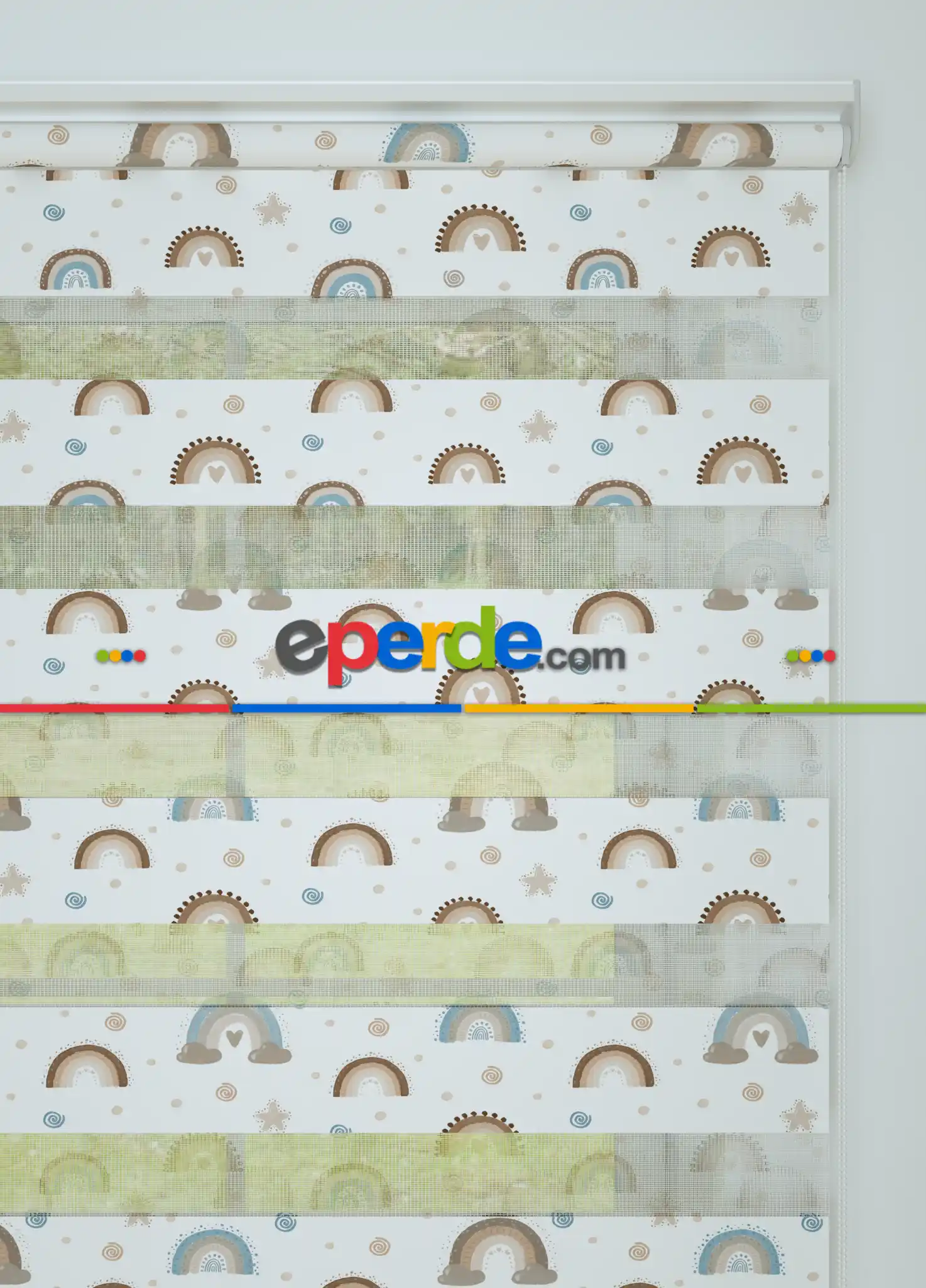 Bebek Odası - Kahverengi Mavi Gökkuşağı Desenli Baskılı Zebra Perde