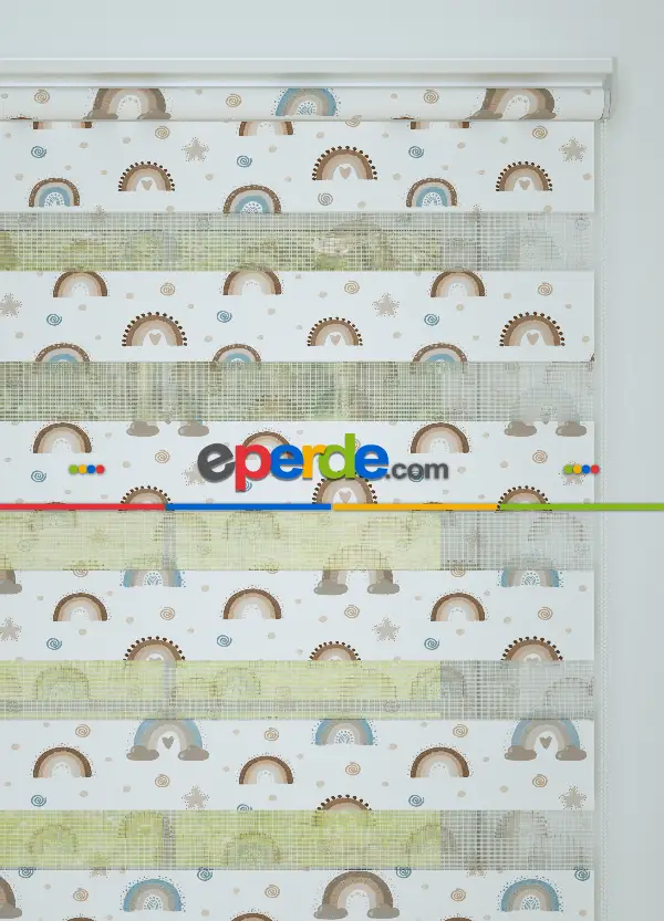 Bebek Odası - Kahverengi Mavi Gökkuşağı Desenli Baskılı Zebra Perde