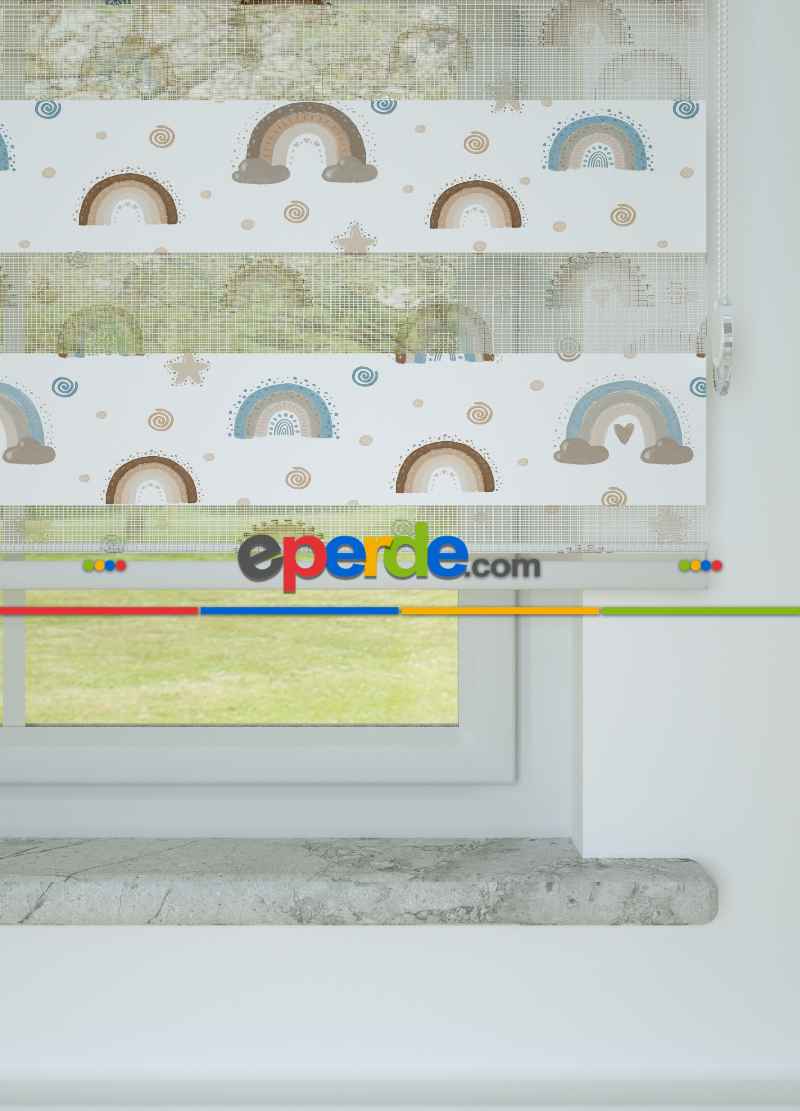 Bebek Odası - Kahverengi Mavi Gökkuşağı Desenli Baskılı Zebra Perde