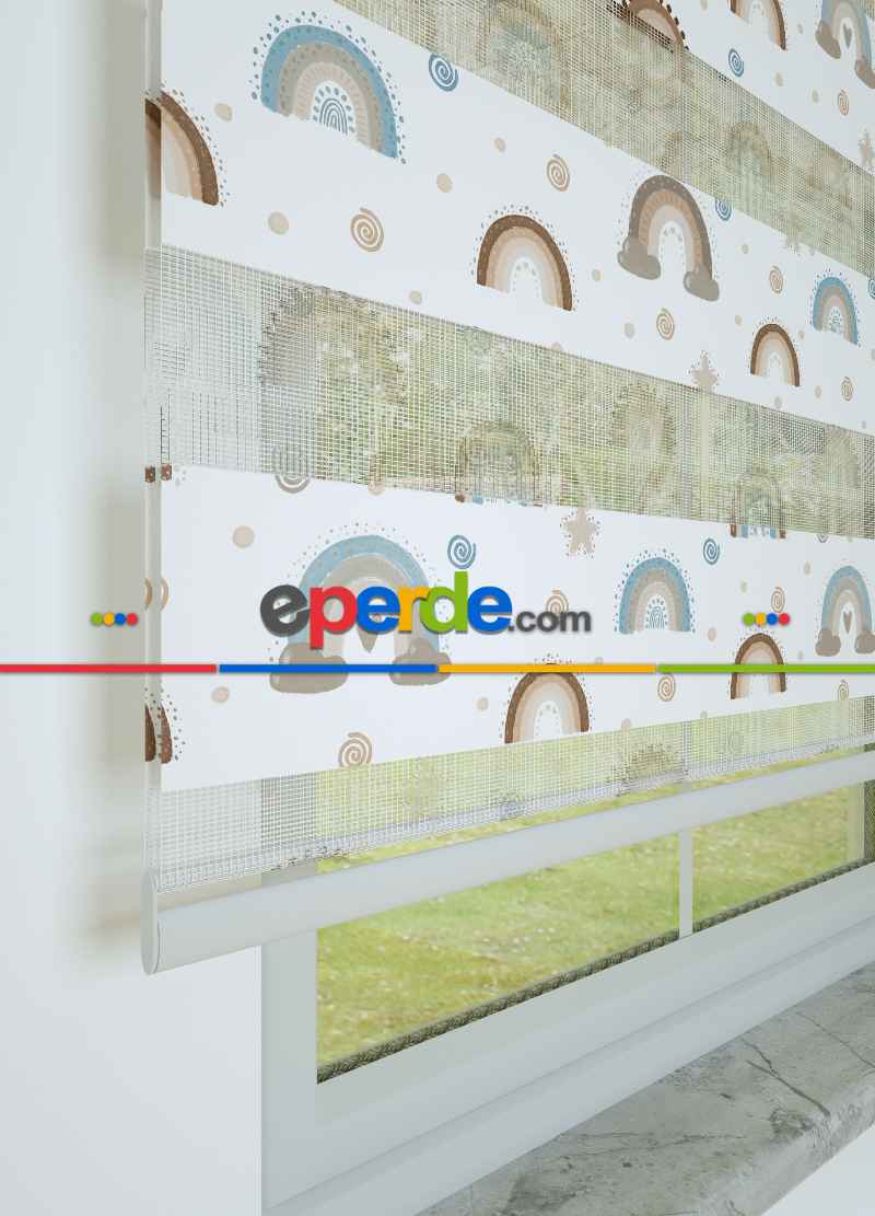 Bebek Odası - Kahverengi Mavi Gökkuşağı Desenli Baskılı Zebra Perde