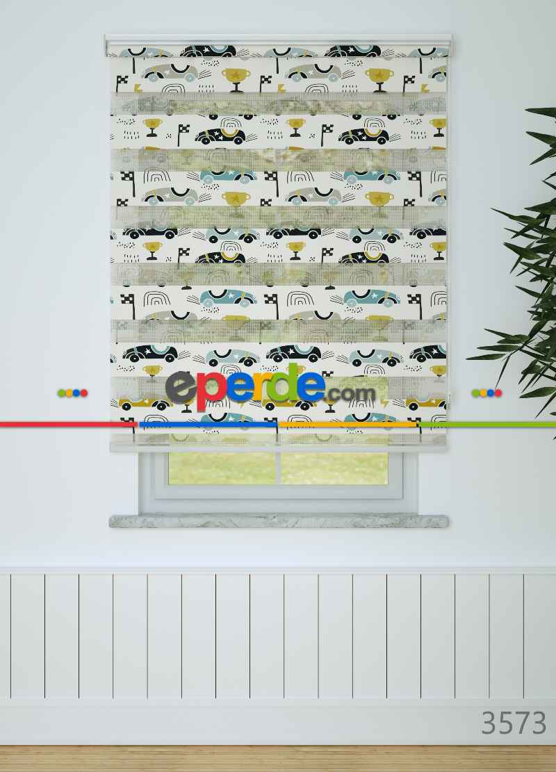 Çocuk Odası - Mavi Sarı Yarış Arabası Desenli Baskılı Zebra Perde