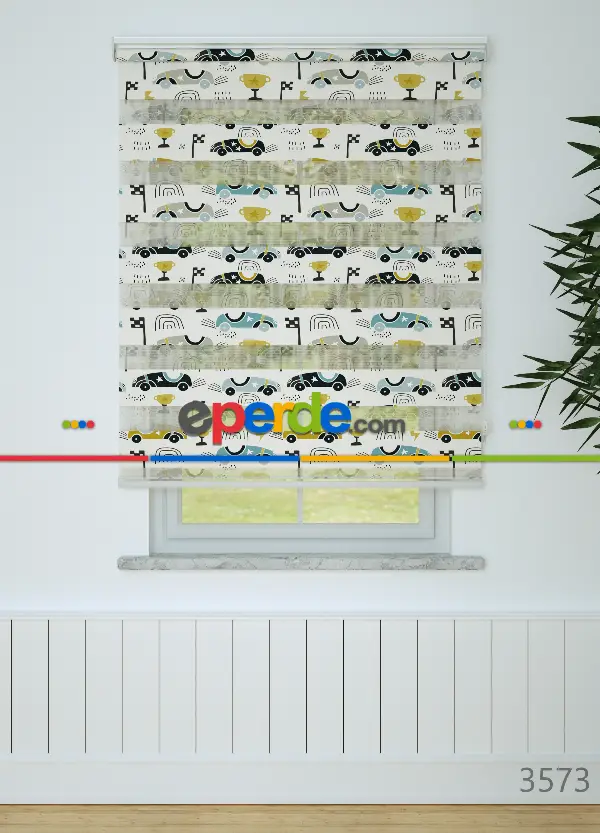 Çocuk Odası - Mavi Sarı Yarış Arabası Desenli Baskılı Zebra Perde