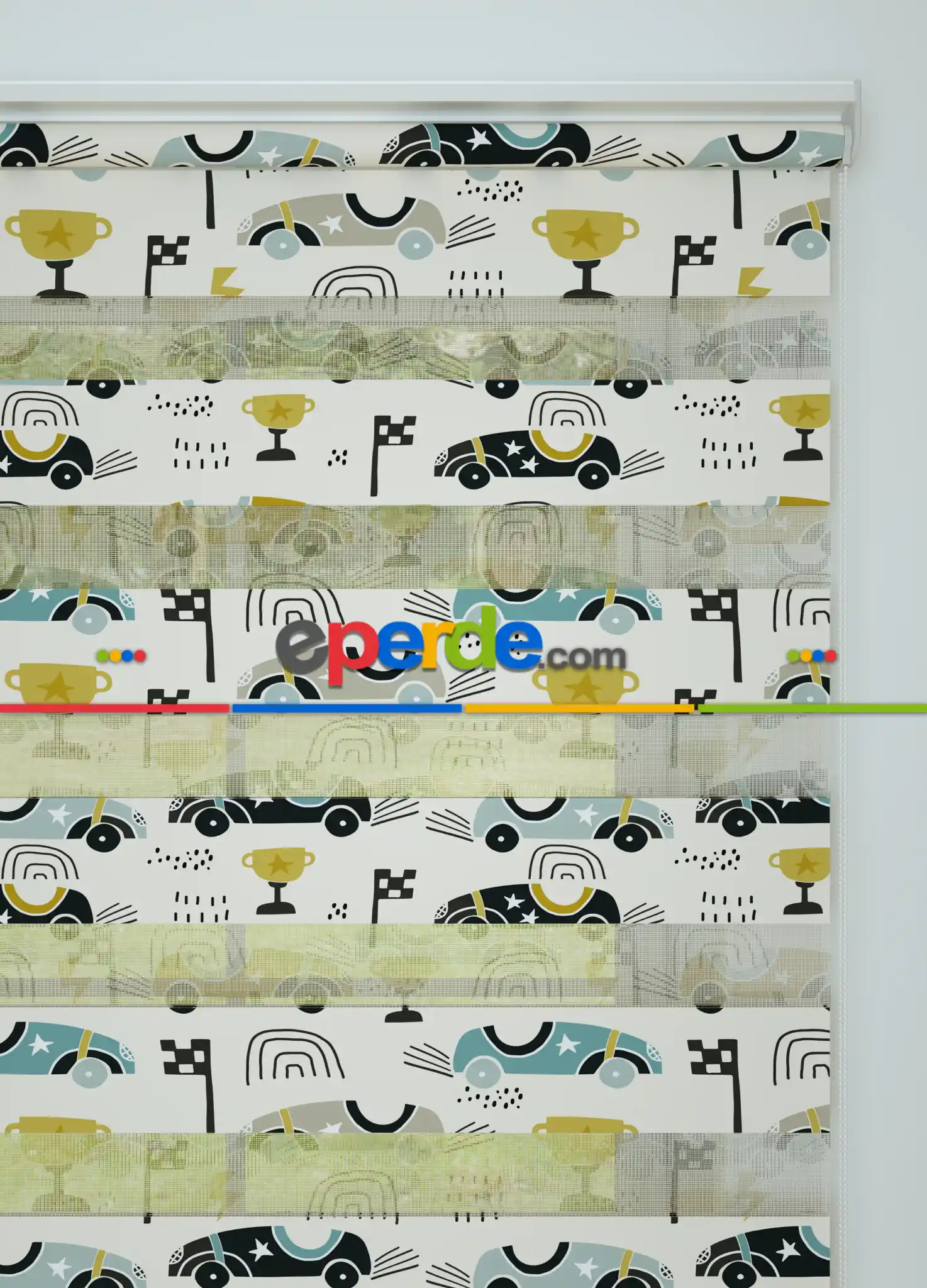 Mavi Sarı Yarış Arabası Desenli Baskılı Zebra Perde