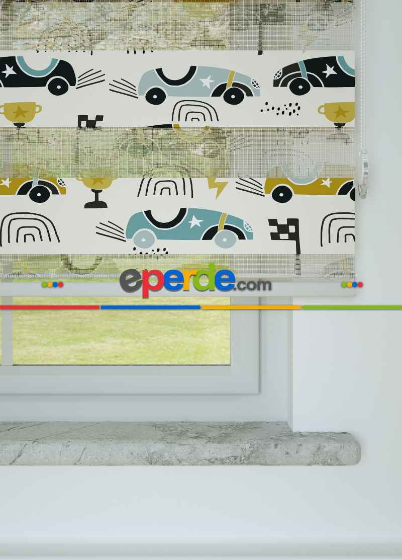 Çocuk Odası - Mavi Sarı Yarış Arabası Desenli Baskılı Zebra Perde