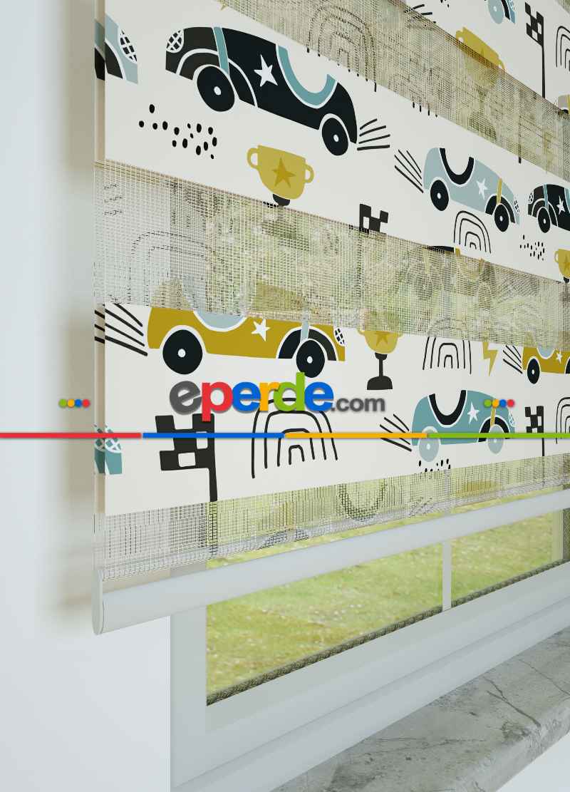 Çocuk Odası - Mavi Sarı Yarış Arabası Desenli Baskılı Zebra Perde