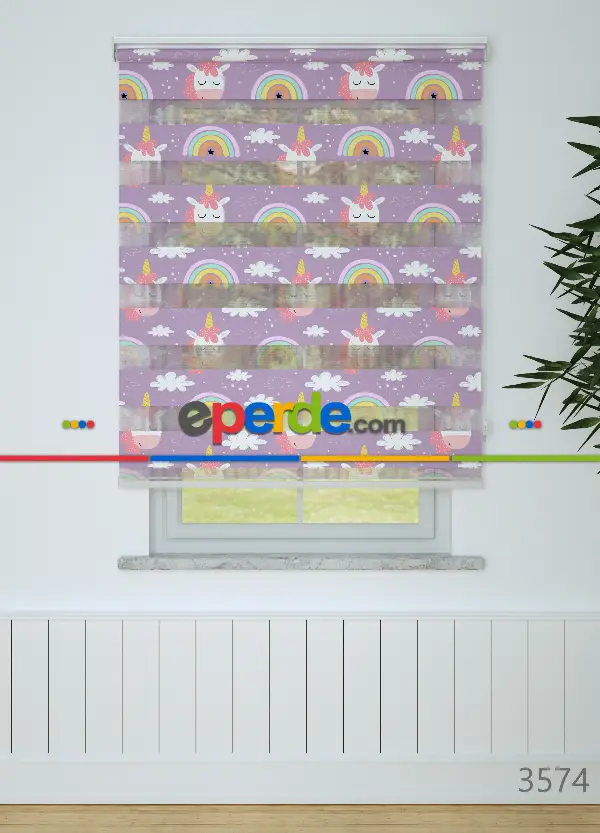 Çocuk Odası - Mor Unicorn Desenli Baskılı Zebra Perde