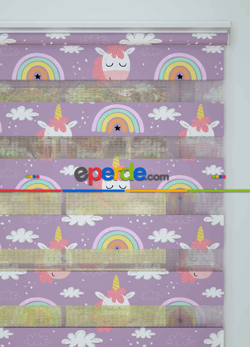 Çocuk Odası - Mor Unicorn Desenli Baskılı Zebra Perde