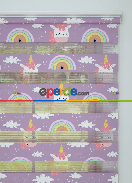 Mor Unicorn Desenli Baskılı Zebra Perde