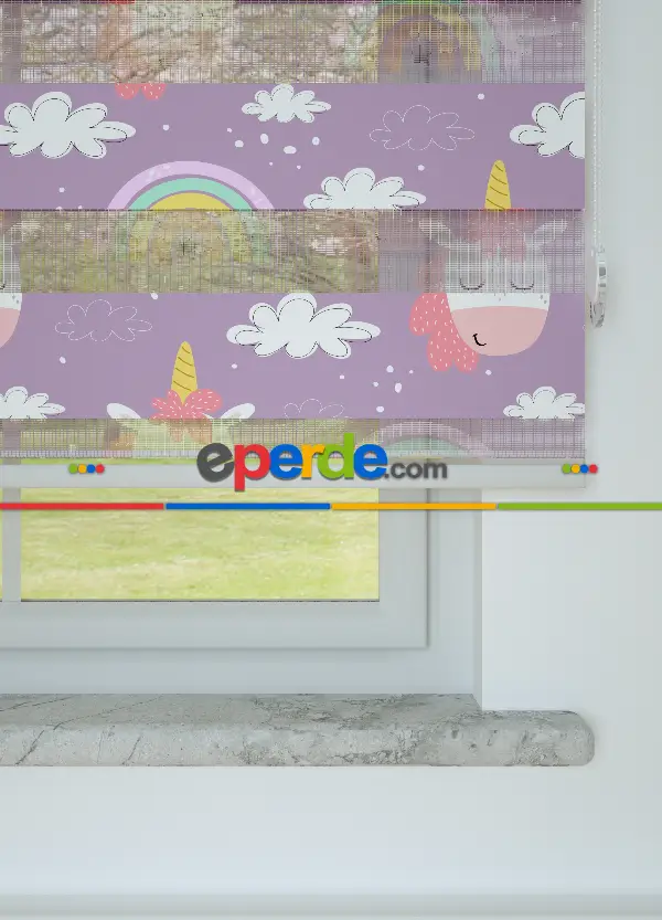 Çocuk Odası - Mor Unicorn Desenli Baskılı Zebra Perde
