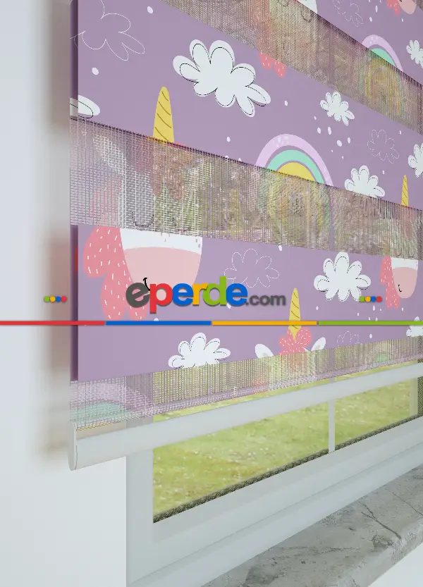 Çocuk Odası - Mor Unicorn Desenli Baskılı Zebra Perde