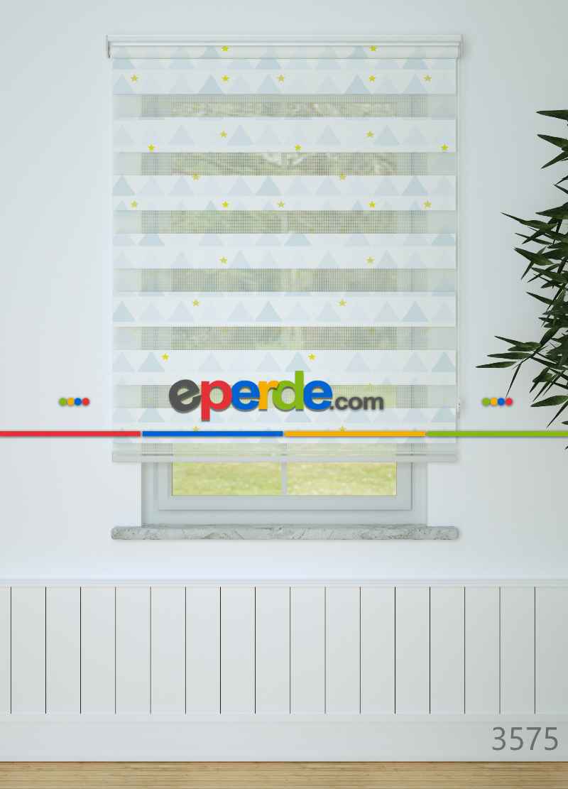 Çocuk Odası - Mavi Dağ Ve Yıldız Desenli Baskılı Zebra Perde