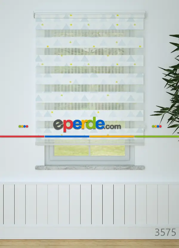 Mavi Dağ Ve Yıldız Desenli Baskılı Zebra Perde