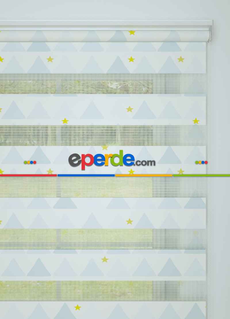 Çocuk Odası - Mavi Dağ Ve Yıldız Desenli Baskılı Zebra Perde