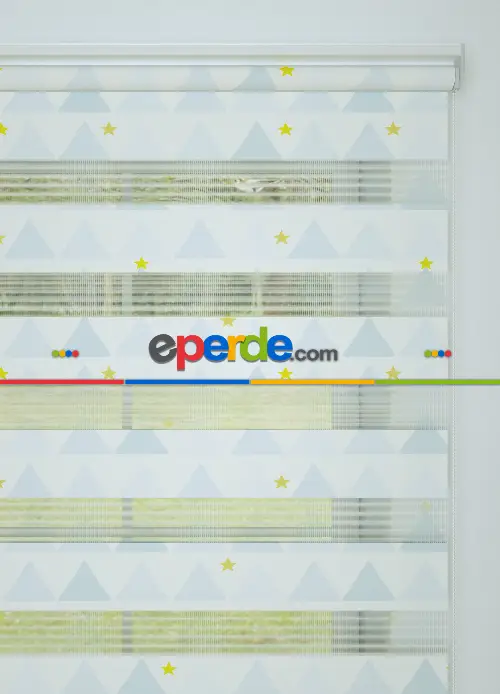 Mavi Dağ Ve Yıldız Desenli Baskılı Zebra Perde