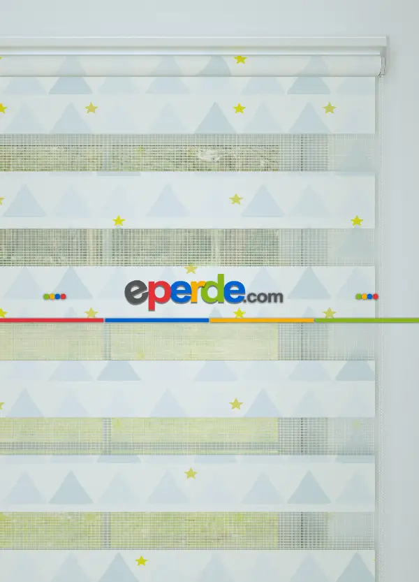 Mavi Dağ Ve Yıldız Desenli Baskılı Zebra Perde