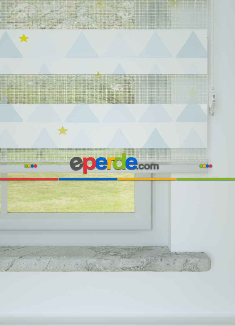 Çocuk Odası - Mavi Dağ Ve Yıldız Desenli Baskılı Zebra Perde