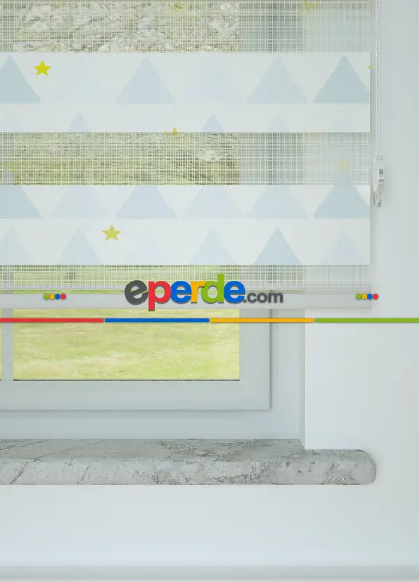 Mavi Dağ Ve Yıldız Desenli Baskılı Zebra Perde