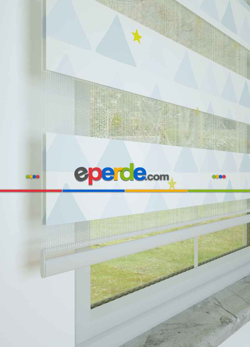 Çocuk Odası - Mavi Dağ Ve Yıldız Desenli Baskılı Zebra Perde