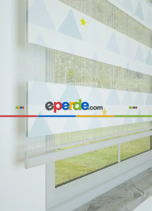 Mavi Dağ Ve Yıldız Desenli Baskılı Zebra Perde