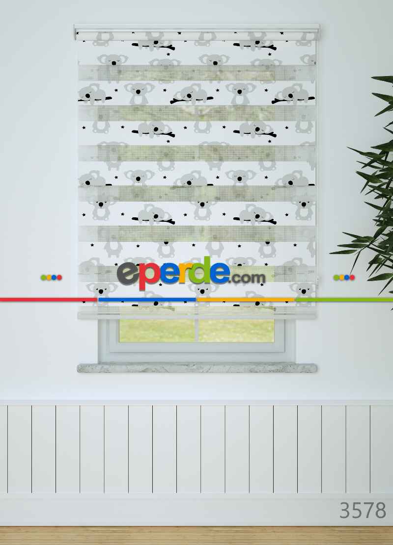 Çocuk Odası - Gri Koala Desenli Baskılı Zebra Perde