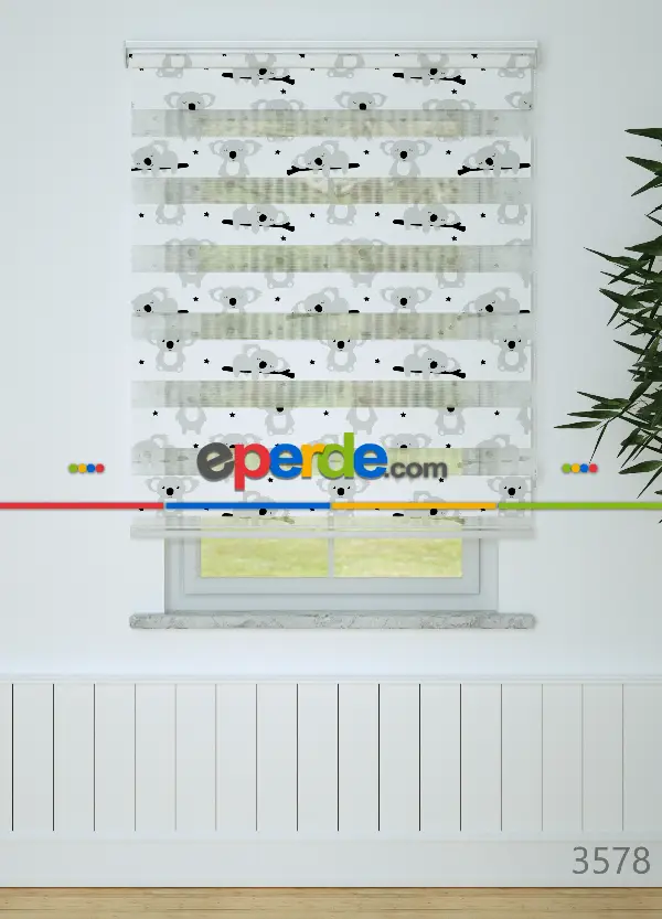 Bebek Odası - Gri Koala Desenli Baskılı Zebra Perde