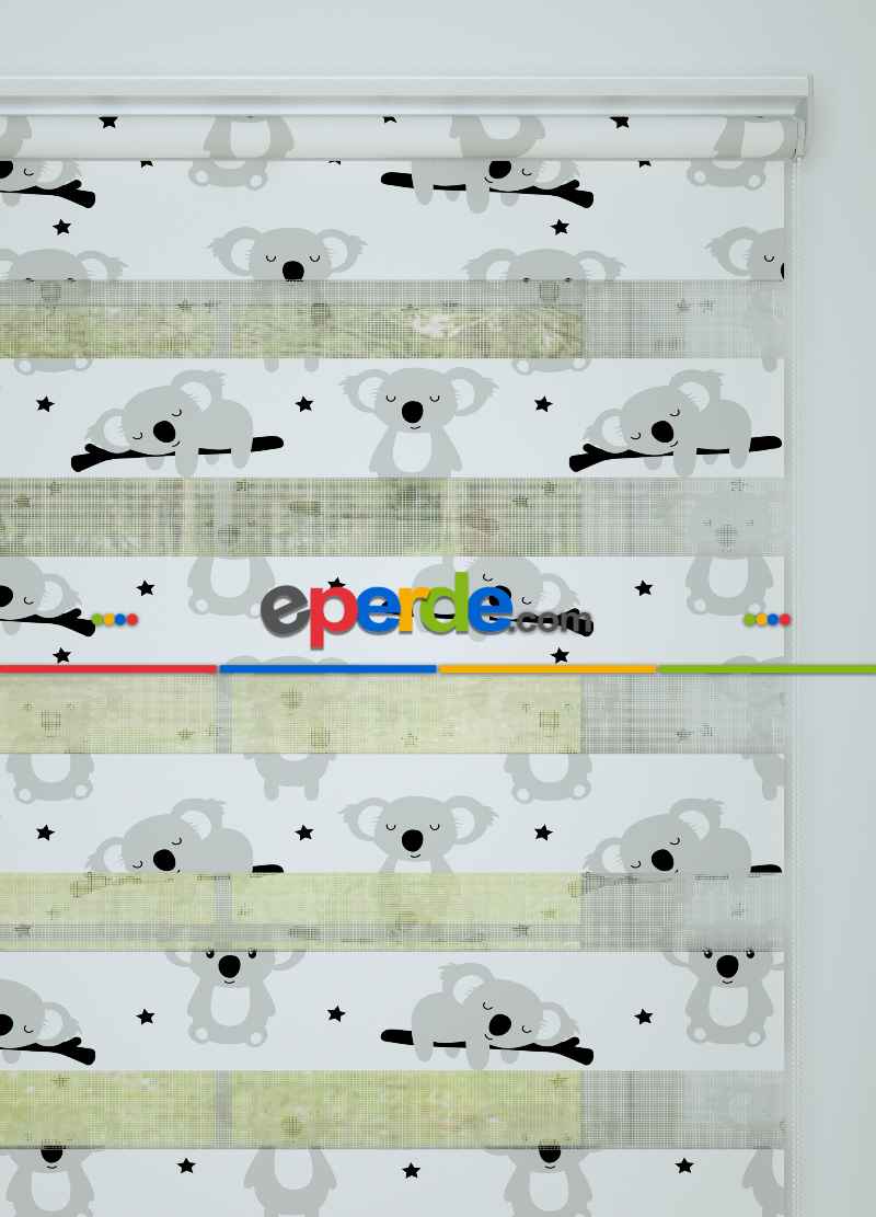 Çocuk Odası - Gri Koala Desenli Baskılı Zebra Perde