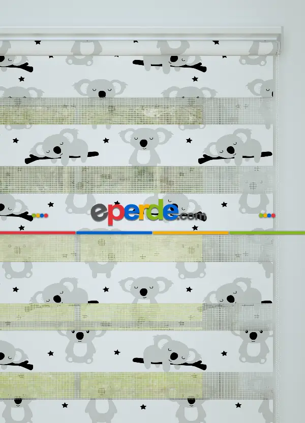 Bebek Odası - Gri Koala Desenli Baskılı Zebra Perde
