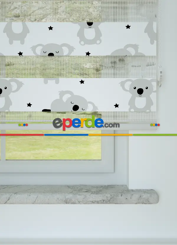 Bebek Odası - Gri Koala Desenli Baskılı Zebra Perde