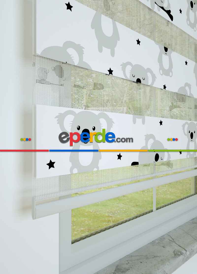 Çocuk Odası - Gri Koala Desenli Baskılı Zebra Perde