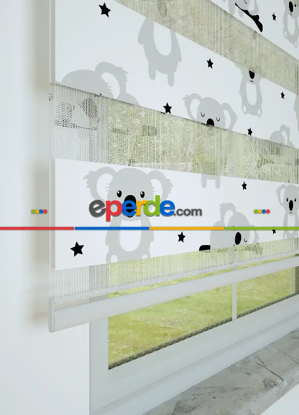 Bebek Odası - Gri Koala Desenli Baskılı Zebra Perde