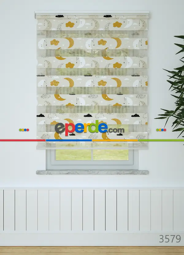 Bebek Odası - Hardal Bej Ay Ve Bulut Desenli Baskılı Zebra Perde