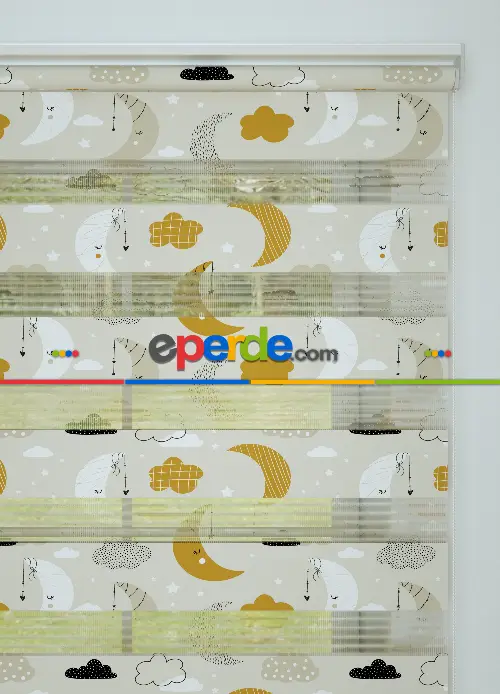 Hardal Bej Ay Ve Bulut Desenli Baskılı Zebra Perde