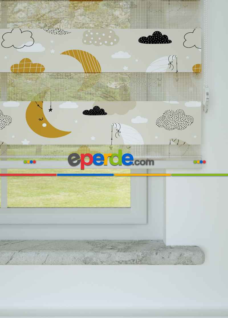Bebek Odası - Hardal Bej Ay Ve Bulut Desenli Baskılı Zebra Perde