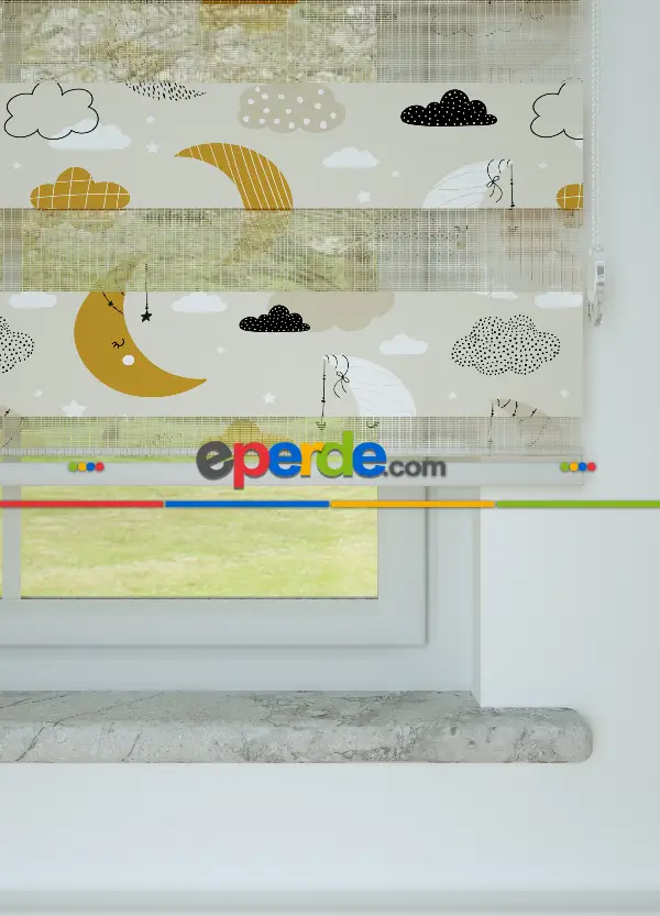 Bebek Odası - Hardal Bej Ay Ve Bulut Desenli Baskılı Zebra Perde